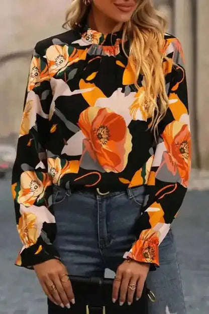 Elegant Orange Floral Long Sleeve Dress with Tie Neck
