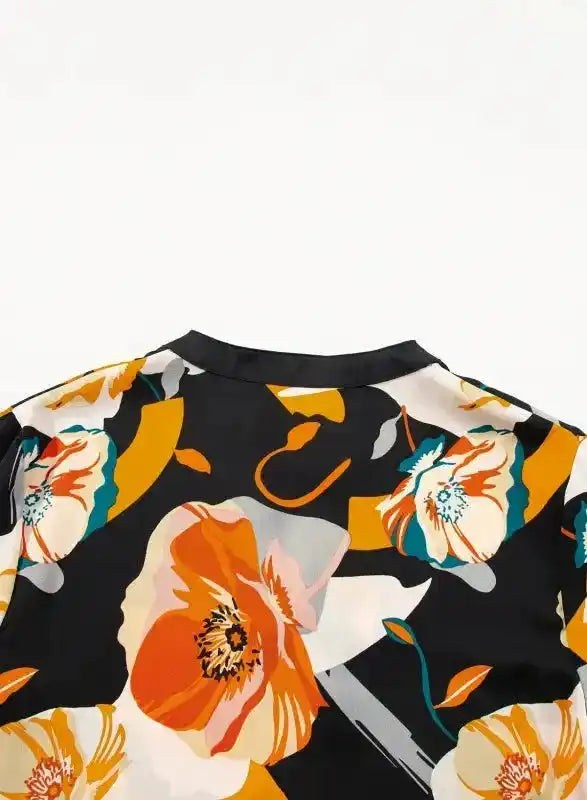 Elegant Orange Floral Long Sleeve Dress with Tie Neck