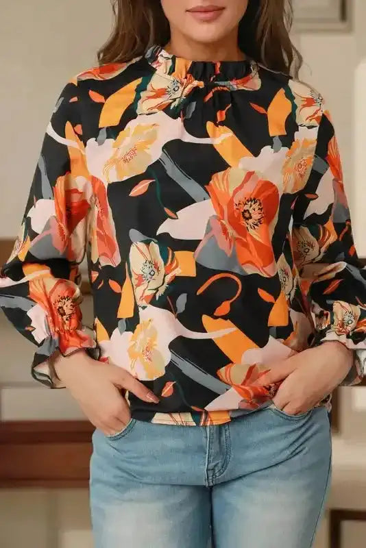 Elegant Orange Floral Long Sleeve Dress with Tie Neck