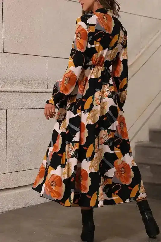 Elegant Orange Floral Long Sleeve Dress with Tie Neck