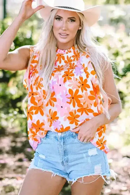 Orange Smocked Floral Top – Ruffled Short Sleeves