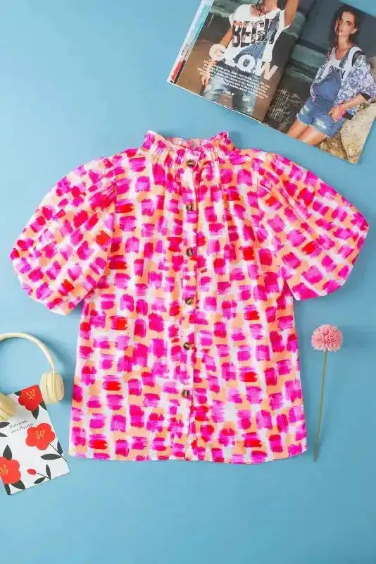 Pink Abstract High Neck Blouse