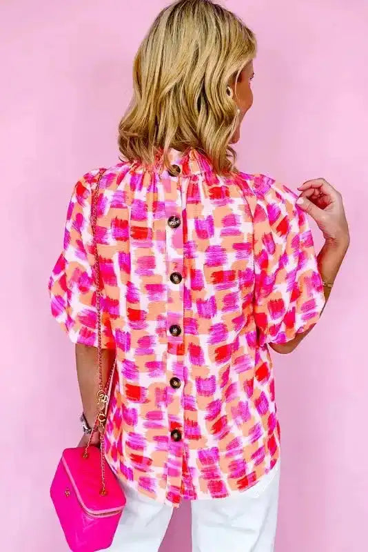 Pink Abstract High Neck Blouse