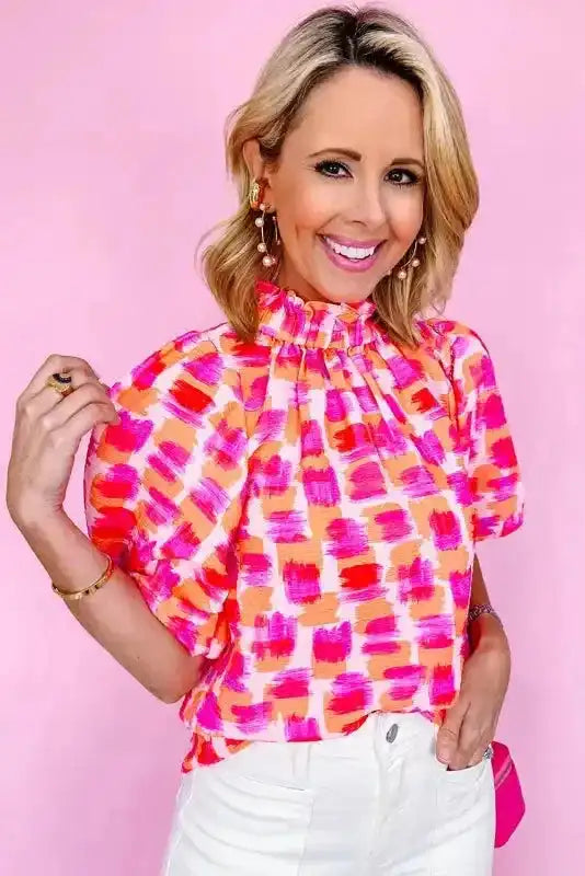 Pink Abstract High Neck Blouse