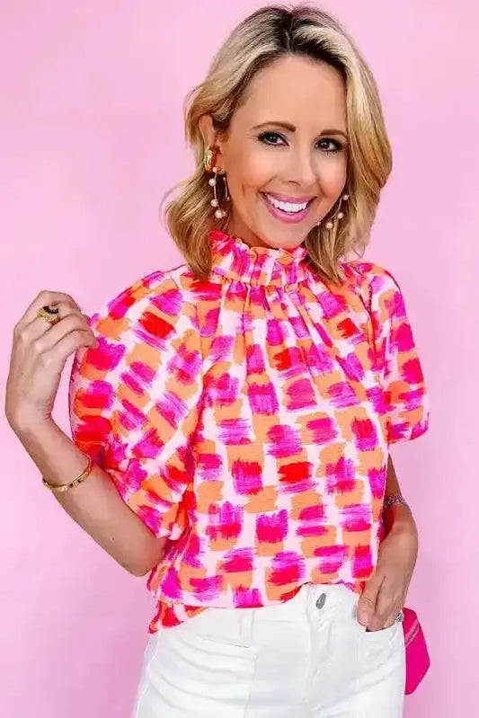 Pink Abstract High Neck Blouse