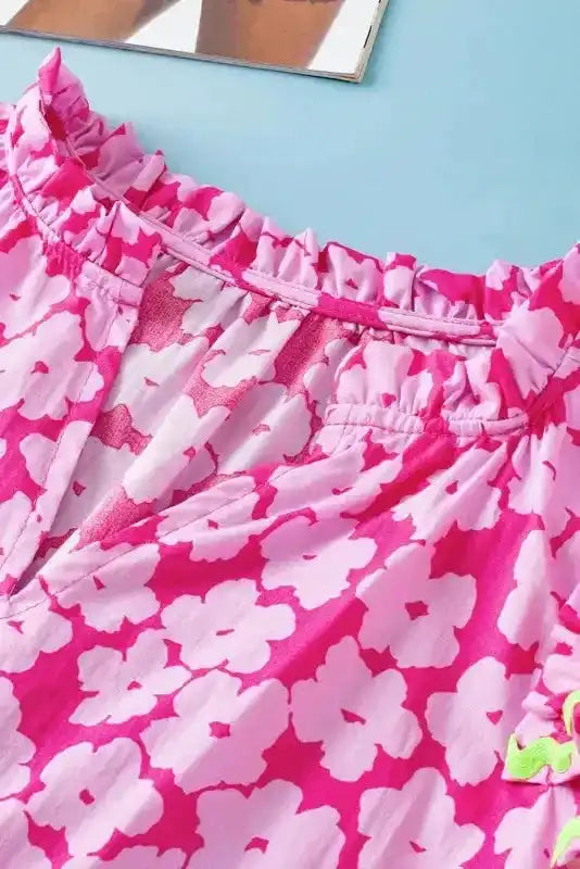 Pink Chic Blouse - Floral Layered Ruffle Sleeve
