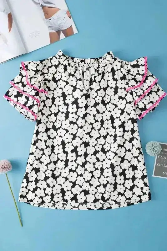 Pink Chic Blouse - Floral Layered Ruffle Sleeve
