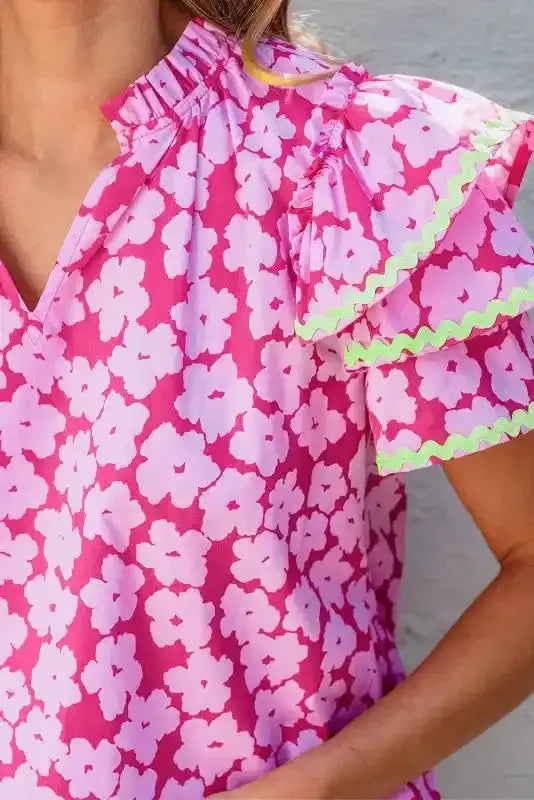 Pink Chic Blouse - Floral Layered Ruffle Sleeve