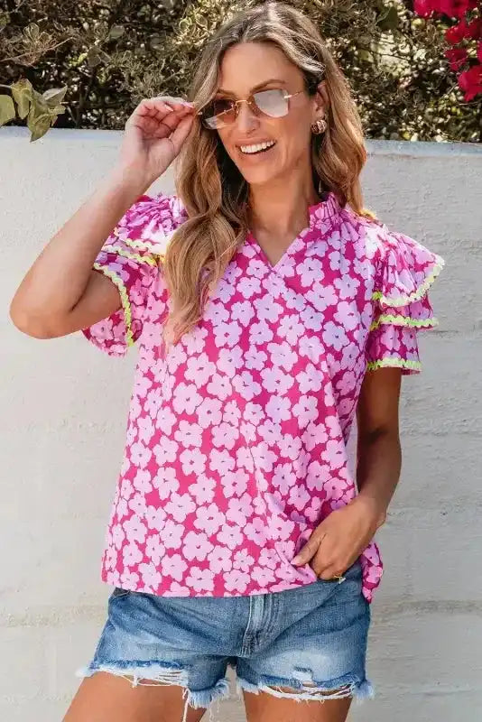 Pink Chic Blouse - Floral Layered Ruffle Sleeve
