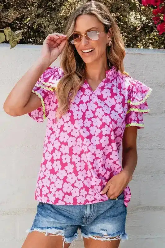 Pink Chic Blouse - Floral Layered Ruffle Sleeve