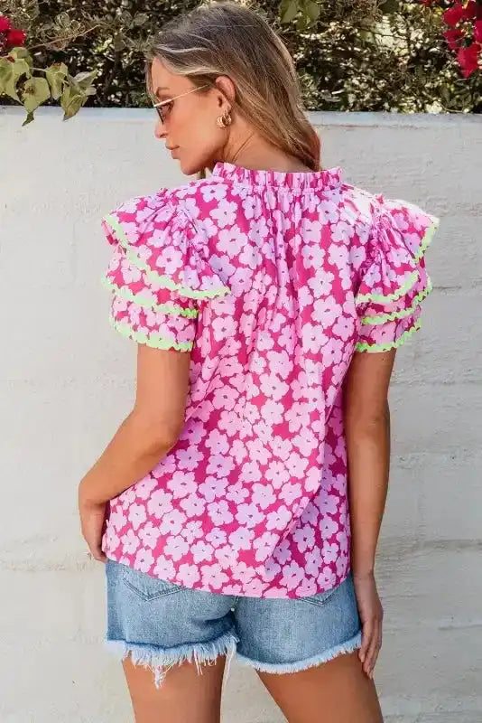 Pink Chic Blouse - Floral Layered Ruffle Sleeve