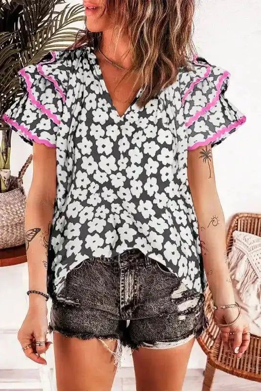 Pink Chic Blouse - Floral Layered Ruffle Sleeve