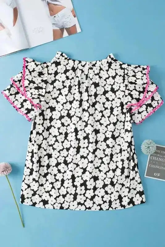 Pink Chic Blouse - Floral Layered Ruffle Sleeve