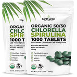 Earth Circle Organics Premium Organic Chlorella & Spirulina Tablets 1000 Count (50/50) – Cracked Cell Wall for Maximum Absorption | Vegan, Kosher Green Algae Superfood | Pack of 2