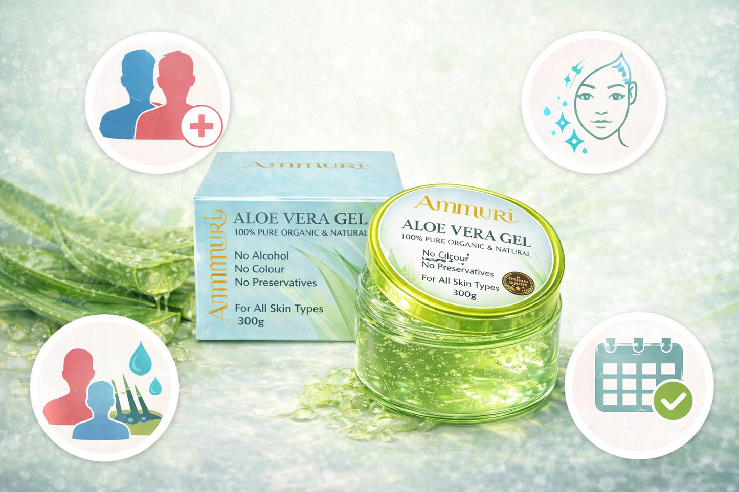 Ammuri Organic Aloe Vera Gel 300g – Pure, Alcohol-Free Gel for Face, Body & Hair