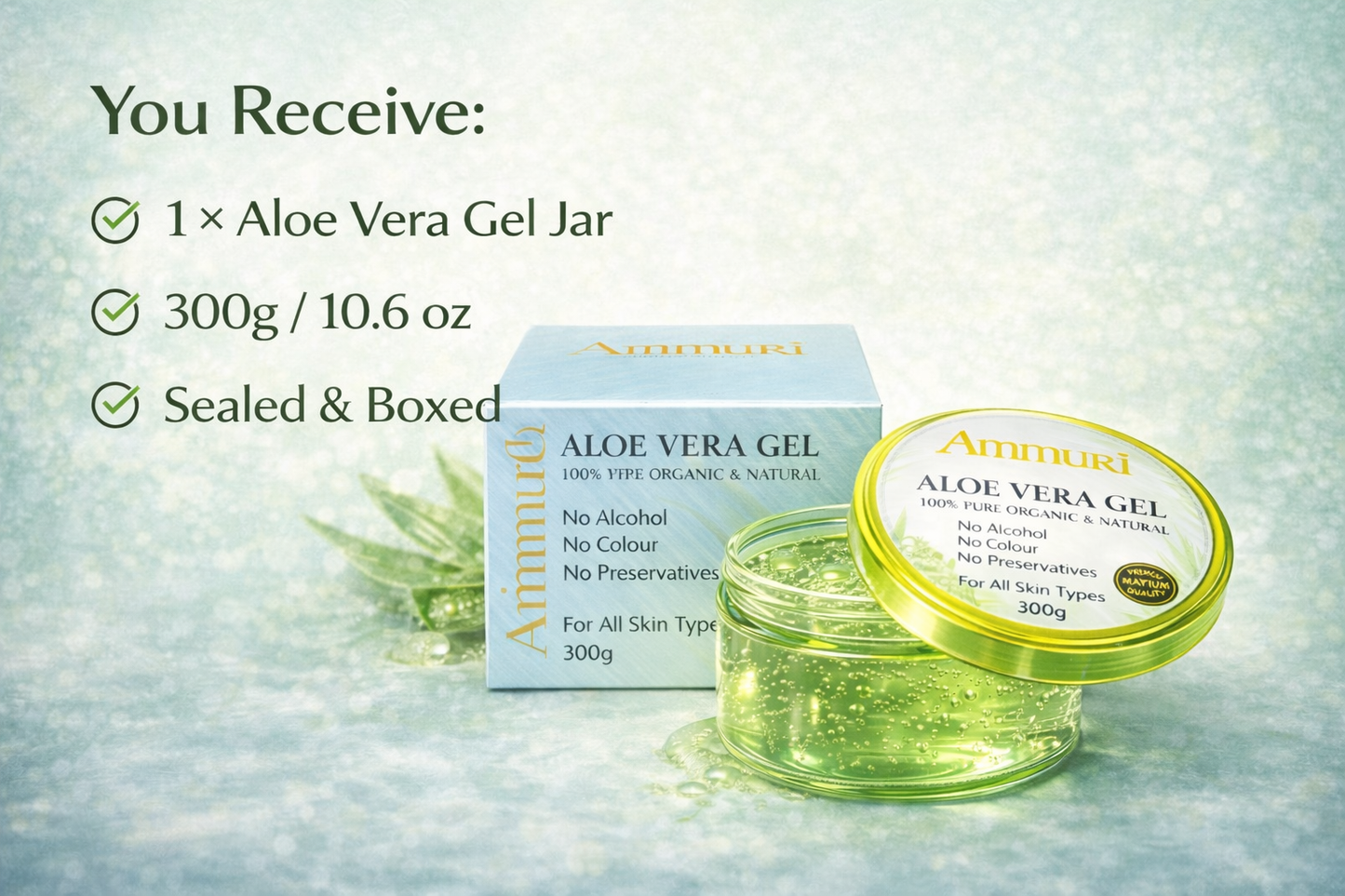 Ammuri Organic Aloe Vera Gel 300g – Pure, Alcohol-Free Gel for Face, Body & Hair