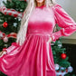 Pink Velvet Dress - Frilled-Neck Smocked-Bodice