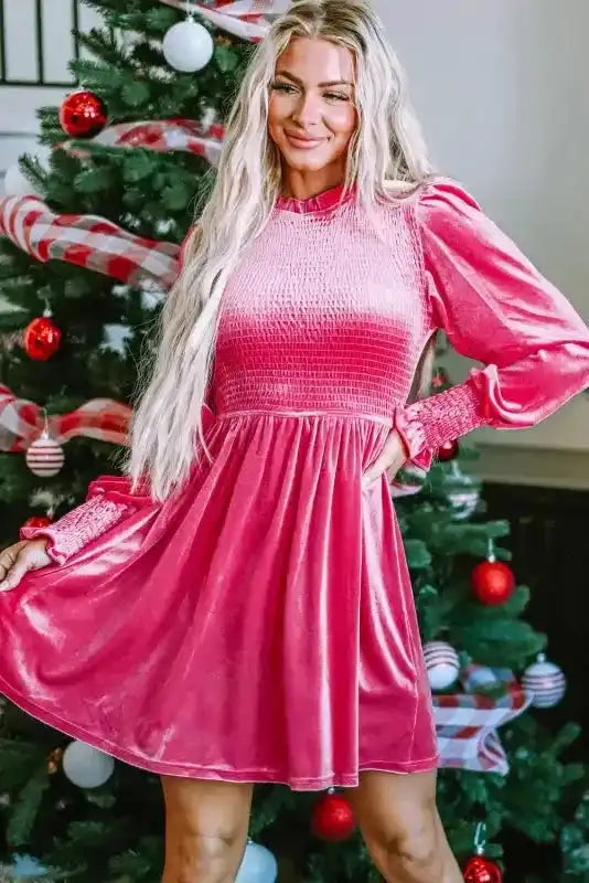 Pink Velvet Dress - Frilled-Neck Smocked-Bodice