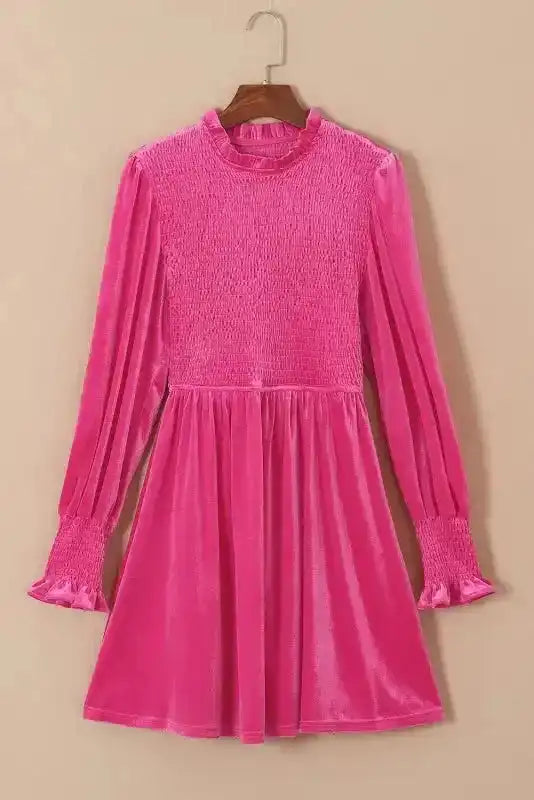 Pink Velvet Dress - Frilled-Neck Smocked-Bodice