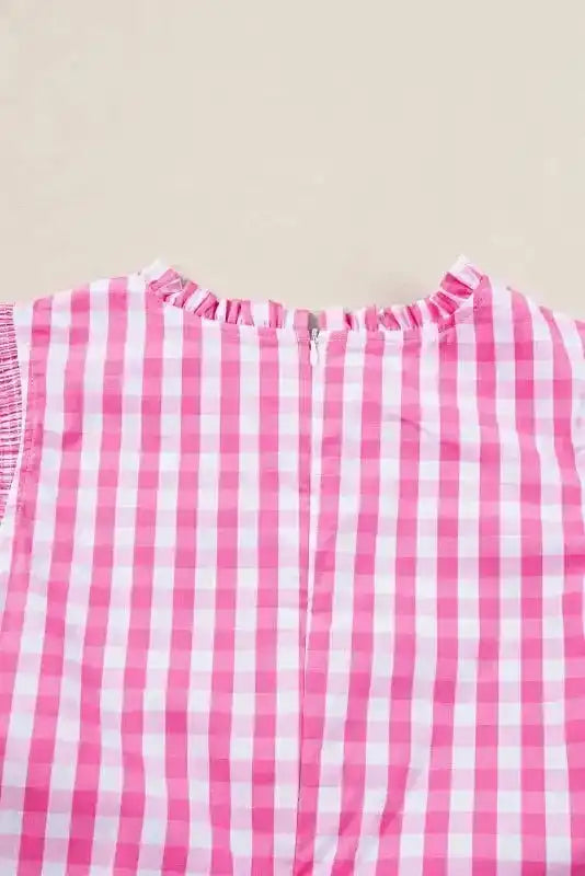 Pink Checkered Blouse - Ruffled Sleeve Frilled Neck