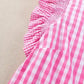 Pink Checkered Blouse - Ruffled Sleeve Frilled Neck