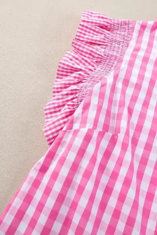 Pink Checkered Blouse - Ruffled Sleeve Frilled Neck