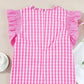 Pink Checkered Blouse - Ruffled Sleeve Frilled Neck