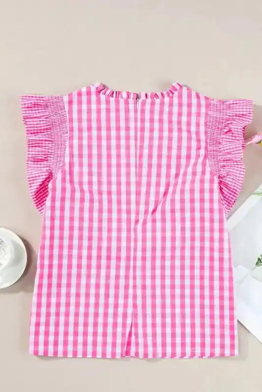 Pink Checkered Blouse - Ruffled Sleeve Frilled Neck