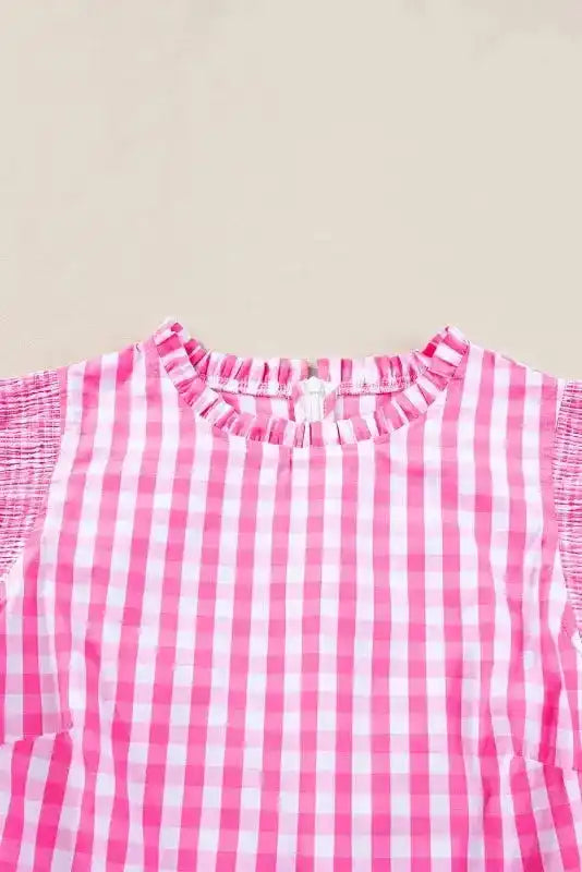 Pink Checkered Blouse - Ruffled Sleeve Frilled Neck