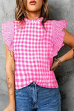 Pink Checkered Blouse - Ruffled Sleeve Frilled Neck