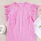 Pink Checkered Blouse - Ruffled Sleeve Frilled Neck