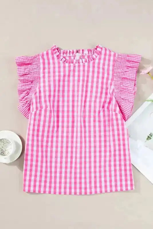 Pink Checkered Blouse - Ruffled Sleeve Frilled Neck