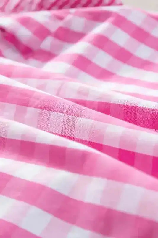 Pink Checkered Blouse - Ruffled Sleeve Frilled Neck