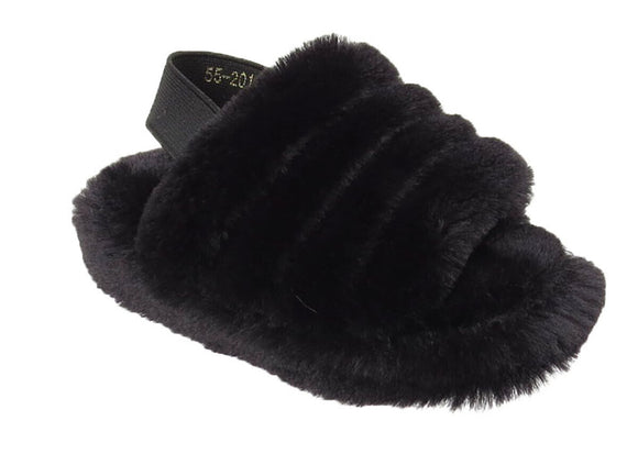 Genny Girls Slip On Warm Winter Fur Kids Slingback Sandals Slippers Black