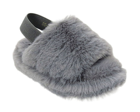 Genny Girls Slip On Warm Winter Fur Kids Slingback Sandals Slippers Grey