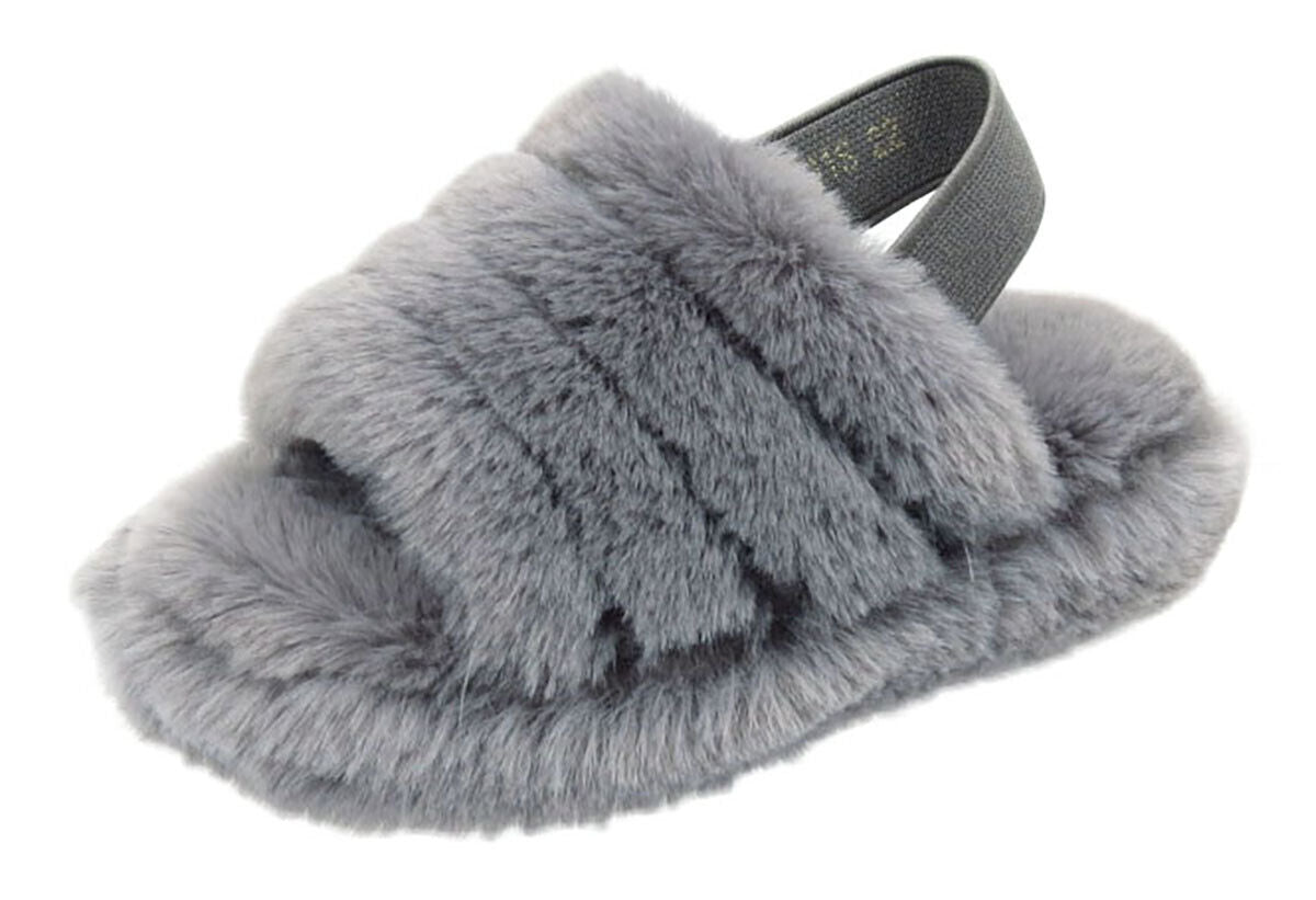 Genny Girls Slip On Warm Winter Fur Kids Slingback Sandals Slippers Grey
