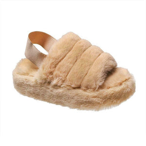 Genny Girls Slip On Warm Winter Fur Kids Slingback Sandals Slippers Beige