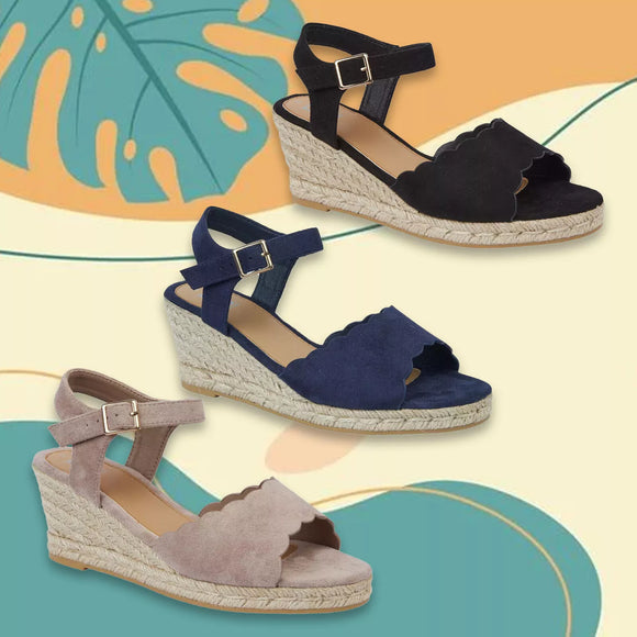 NICOLA - Ladies hessian mid-wedge sandal with scallop and buckle strap.