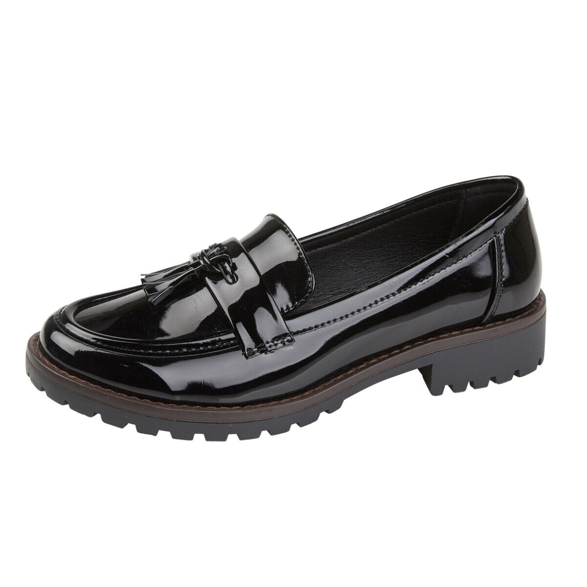 Tammy Ladies Slip On Smart Work Formal Womens Tassel Fringe Shiny Loafers Shoes Black