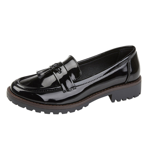 Tammy Ladies Slip On Smart Work Formal Womens Tassel Fringe Shiny Loafers Shoes Black
