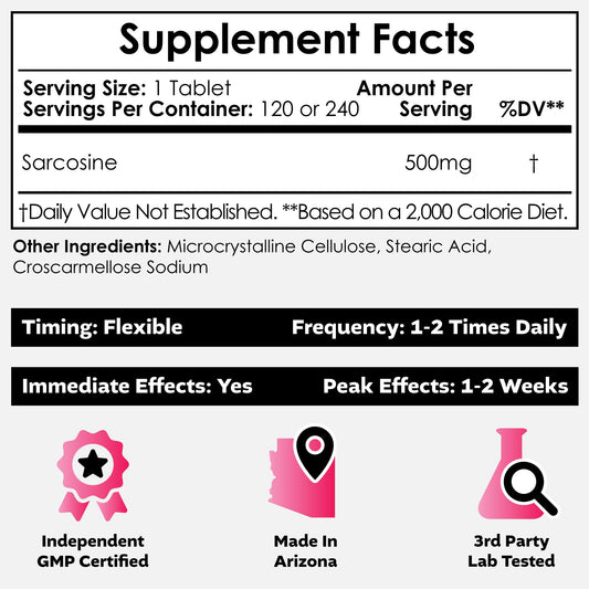 Nootropics Depot Sarcosine Tablets 500mg | 240 Count | Chewable