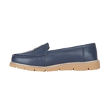 Shore Stylish Comfortable Ladies Leather Saddle Trim Loafers  Tan, Navy, Black, and White
