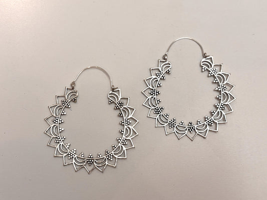 Sunray Mandala Brass/Silver Hoops – Bold Bohemian Circle Earrings.