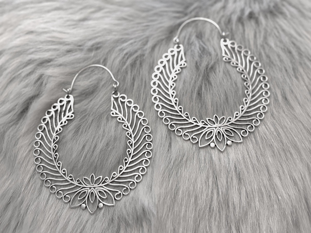 Golden/Sliver Lotus Filigree Hoops - Intricate Mandala-Inspired Brass Statement Earrings.