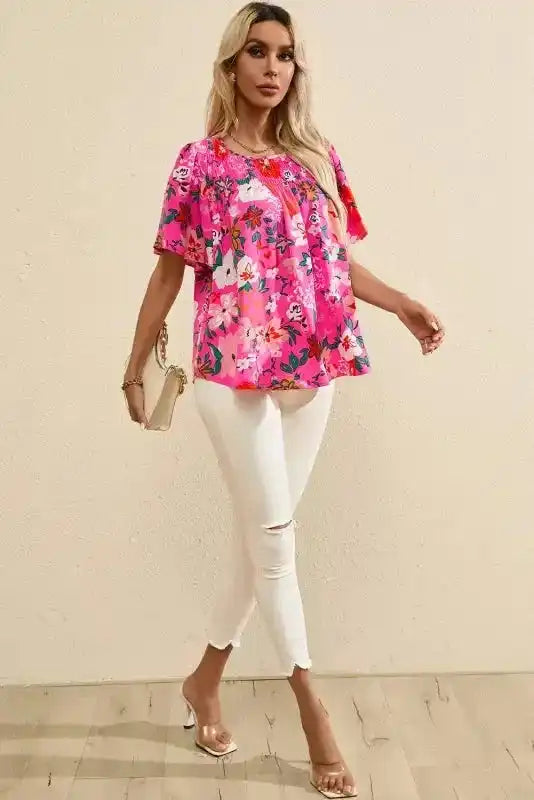 Pink Floral Smocked Blouse - Short Sleeve