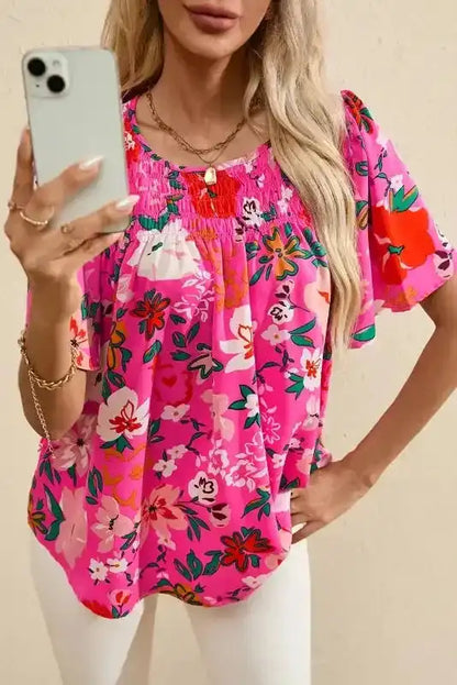 Pink Floral Smocked Blouse - Short Sleeve