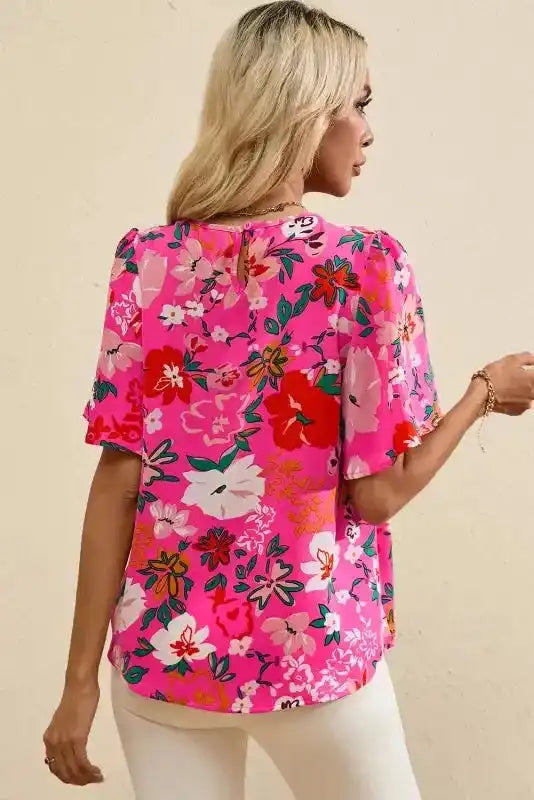Pink Floral Smocked Blouse - Short Sleeve