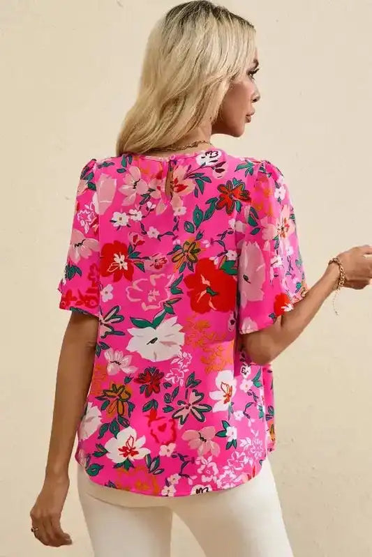 Pink Floral Smocked Blouse - Short Sleeve