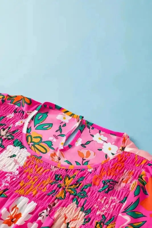 Pink Floral Smocked Blouse - Short Sleeve