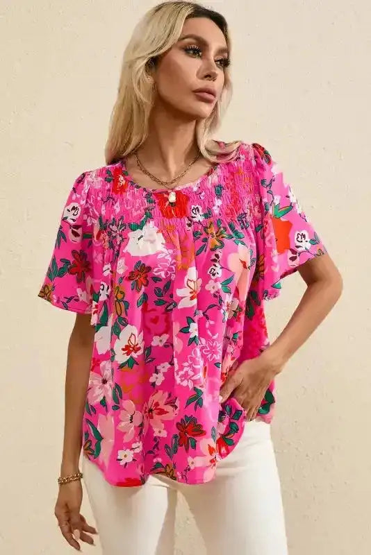 Pink Floral Smocked Blouse - Short Sleeve